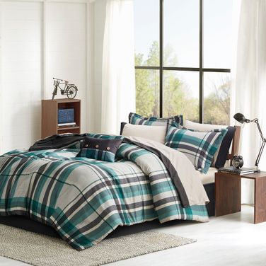 Robbie Plaid 9 Piece Queen Comforter Set with Bed Sheets In Teal and Black