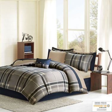 Robbie Polyester Microfiber Printed 7 Piece Comforter With Twin XL Sheet Set In Navy Multi