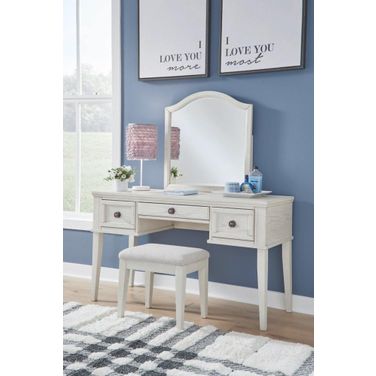 Robbinsdale Mirrored Vanity with Bench In Antique White