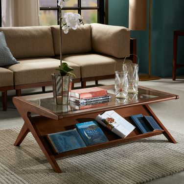 Rocket Coffee Table With Tempered Glass In Pecan