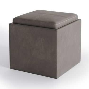 Rockwood Vegan Faux Leather Cube Storage Ottoman with Tray In Distressed Slate Grey