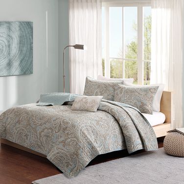 Ronan 4 Piece Cotton Quilt Set with Trhow Pillow In Blue