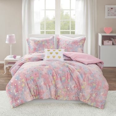 Rosalie Metallic Printed Plush 4 Piece Full/Queen Comforter Set with Throw Pillow In Pink Multi and Gold