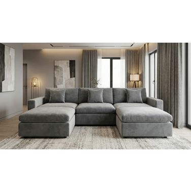 Rosedale 3PC Modular Sectional with 2 Reversible Ottoman In Grey Velvet