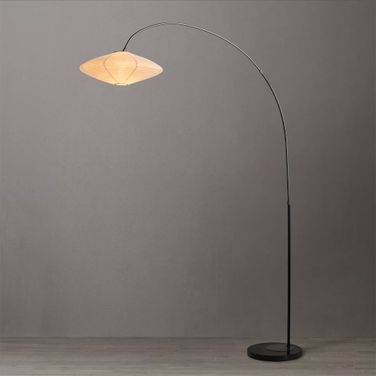 Roswell Linen-Cotton Shade 1 Light Arc Floor Lamp In Matte Black