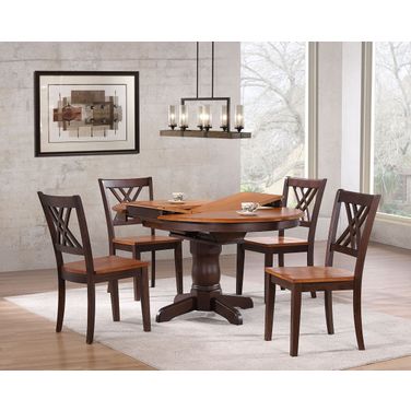 Round Double X- Back 5-Piece Dining Set In Whiskey and Mocha