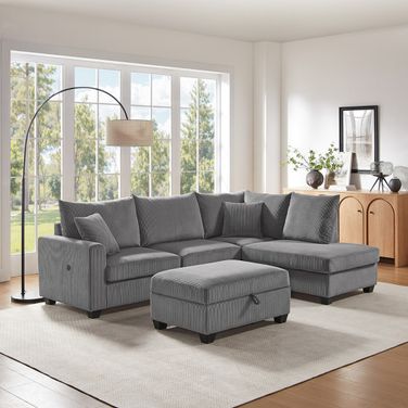 Rowan 107 Inch Corduroy Fabric Sectional Sofa with Right Facing Chaise In Dark Gray