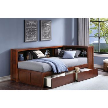 Rowe Dark Cherry Youth Bookcase Platform Corner Bedroom Set With Storage Boxes