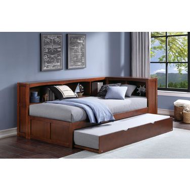 Rowe Dark Cherry Youth Bookcase Platform Corner Bedroom Set with Trundle