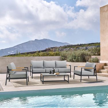 Royal 4-Piece Black Aluminum and Teak Outdoor Seating Set with Dark Gray Cushions