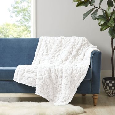 Ruched Polyester Solid Brushed Long Fur Knitted Throw In Ivory