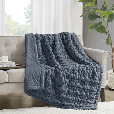 Ruched Fur Throw In Slate Blue