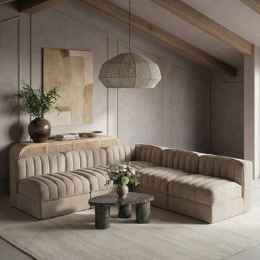 Rummi Velvet Performance Fabric Upholstered 5-Piece Modular Sectional In Beige