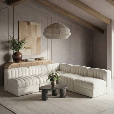 Rummi Velvet Performance Fabric Upholstered 5-Piece Modular Sectional In Cream