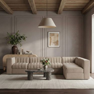Rummi Velvet Performance Fabric Upholstered 6-Piece Modular Sectional In Beige