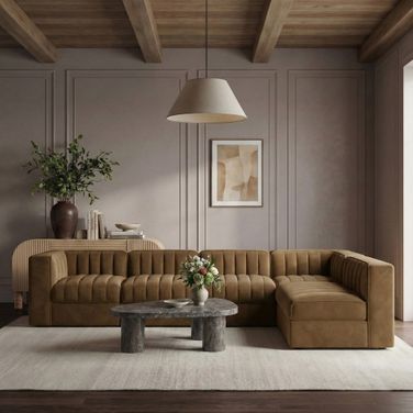 Rummi Velvet Performance Fabric Upholstered 6-Piece Modular Sectional In Saddle