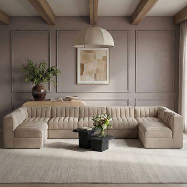 Rummi Velvet Performance Fabric Upholstered 7-Piece Modular Sectional In Beige