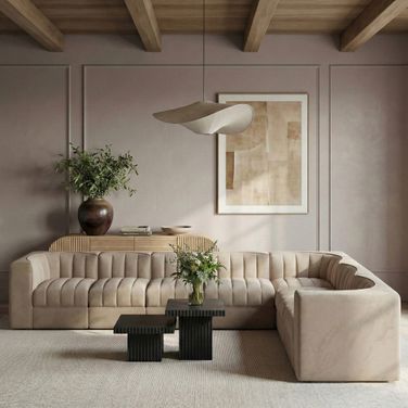 Rummi Velvet Performance Fabric Upholstered 7-Piece Modular Sectional In Beige