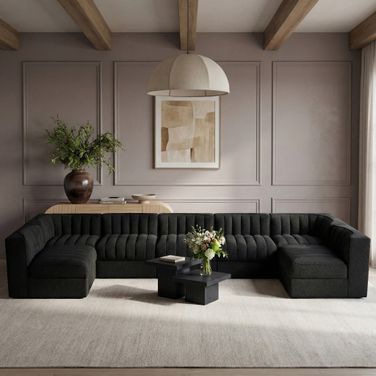 Rummi Velvet Performance Fabric Upholstered 7-Piece Modular Sectional In Black