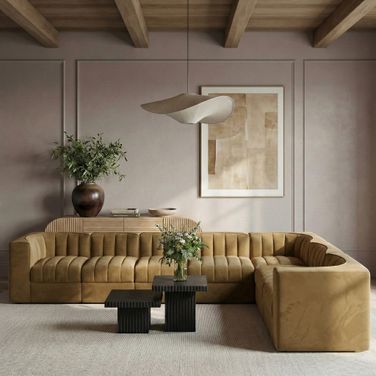 Rummi Velvet Performance Fabric Upholstered 7-Piece Modular Sectional In Saddle
