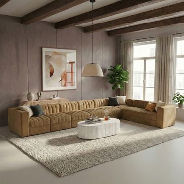 Rummi Velvet Performance Fabric Upholstered 8-Piece Modular Sectional In Saddle