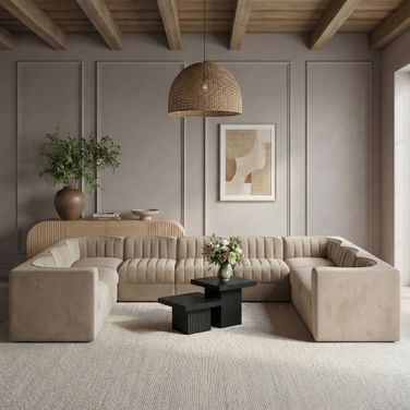 Rummi Velvet Performance Fabric Upholstered 9-Piece Modular Sectional In Beige