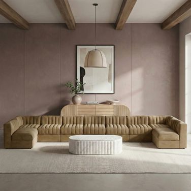 Rummi Velvet Performance Fabric Upholstered 9-Piece Modular Sectional In Saddle