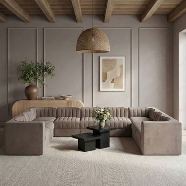Rummi Velvet Performance Fabric Upholstered 9-Piece Modular Sectional In Taupe