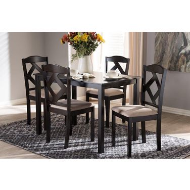 Ruth Modern And Contemporary Beige Fabric Upholstered And Dark Brown Finished 5-Piece Dining Set