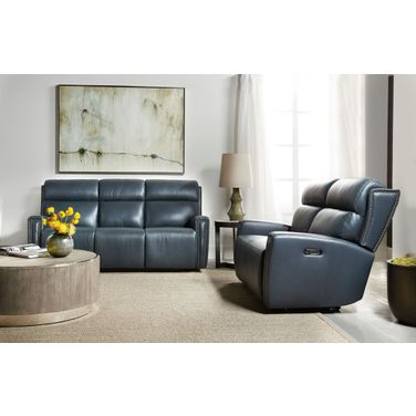 MS Ruthe Salvo Denim Leather ZeroG Power Reclining Console Living Room Set With Power Headrest