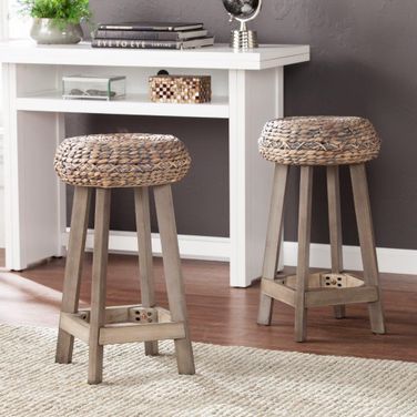 Rutina Backless Round Water Hyacinth 24 Inch 2Pc Set Stools In Weathered Gray