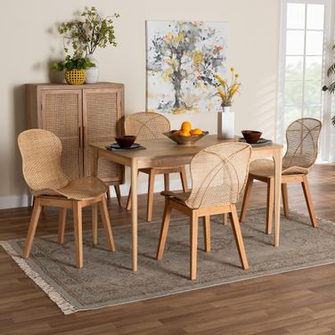 Sabelle Mahogany Wood and Rattan 5 Piece Dining Set In Natural Brown