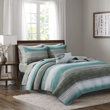 Saben Polyester Print Solid 8 Piece King Coverlet Set with Cotton Sheet In Aqua