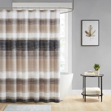 Saben Stripe Print Shower Curtain In Black and Taupe
