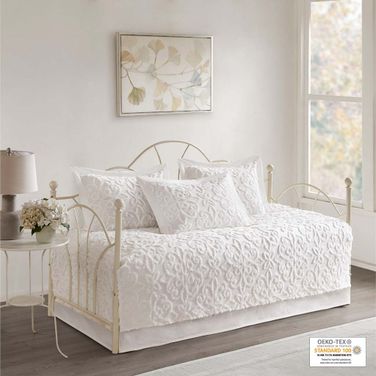 Sabrina Cotton Tufted Chenille 5 Piece Daybed Set In Off White