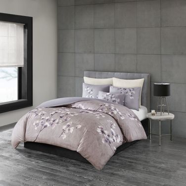 Sakura 3 Piece Cotton Sateen Printed Queen Comforter Set In Lilac