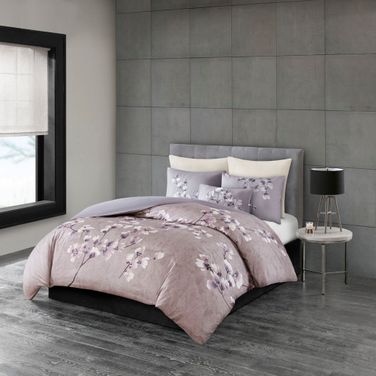Sakura 3 Piece Cotton Sateen Printed King Comforter Set In Lilac