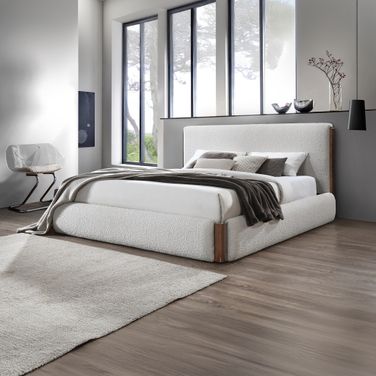 Sandro Eastern King Bed In White Boucle and Walnut