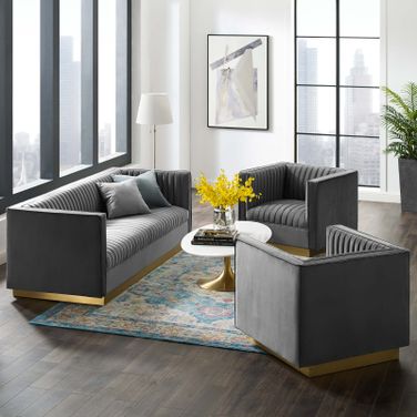 Sanguine Gray 3 Piece Vertical Channel Tufted Upholstered Performance Velvet Set