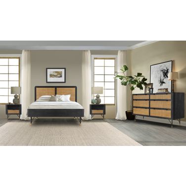 Saratoga 4-Piece Queen Bedroom Set In Black Acacia Wood and Rattan