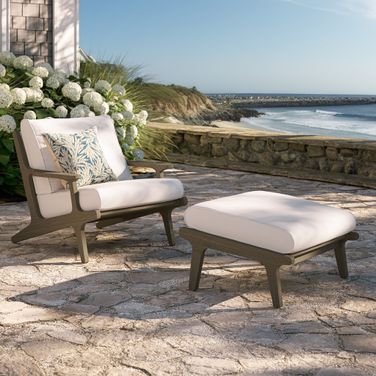 Saratoga Outdoor Patio Teak Wood Chair and Ottoman Set In White and Weathered Gray