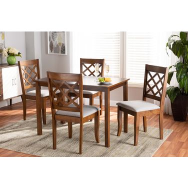 Sari Modern and Contemporary Grey Fabric Upholstered and Walnut Brown Finished Wood 5-Piece Dining Set