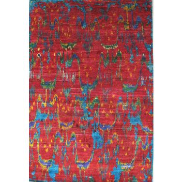 Sari Silk Collection Hand-Knotted Pure Silk Area Rug- 8' 9" x 12'11" In Red and Multi