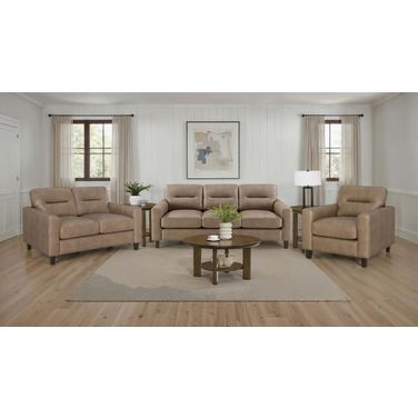 Scotland Faux Leather Upholstered Track Arm Living Room Set In Brown