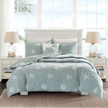 Seaside Cotton Percale 4 Piece King Coverlet Set With Embroidery In Seafoam