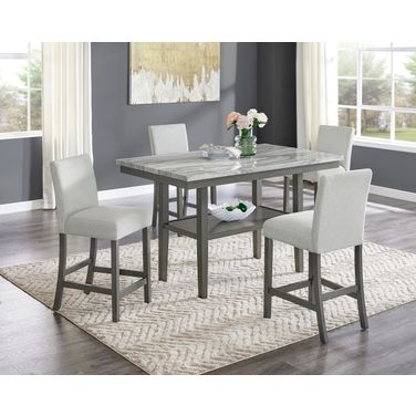 Selena 5-Piece 60 Inch Rectangular Faux Marble Counter Height Dining Set with Storage Shelf In Light Gray Upholstered Chairs