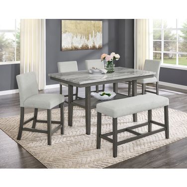 Selena 6-Piece 60 Inch Rectangular Faux Marble Counter Height Dining Set with Storage Shelf In Light Gray