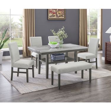 Selena 6-Piece 60 Inch Rectangular Faux Marble Dining Set with 4 Upholstered Chairs and Bench In Gray Finish