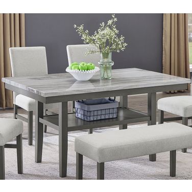 Selena 60 Inch Faux Marble Top Rectangular Dining Table with Storage Shelf In Gray Wood Finish