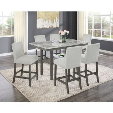 Selena 7-Piece 60 Inch Faux Marble Counter Height Dining Set with Storage Shelf In Light Gray Upholstered Chairs